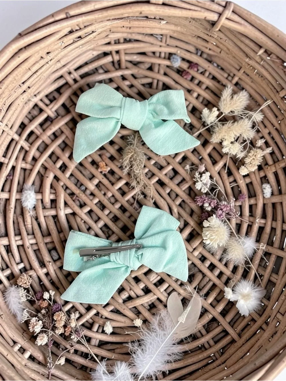 Set of 2 Mint Green Linen Hair Bows Cottagecore Classic Alligator Clips